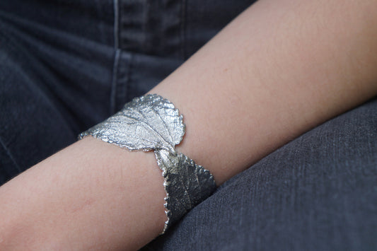 Wide cuff bracelet in sterling silver 925 by Real Hibiscus leaf.