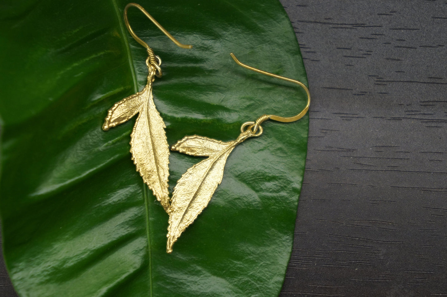 Dangle Solid Gold Rose Plant Leaf Earrings for Women..(Rose,White or Yellow gold)