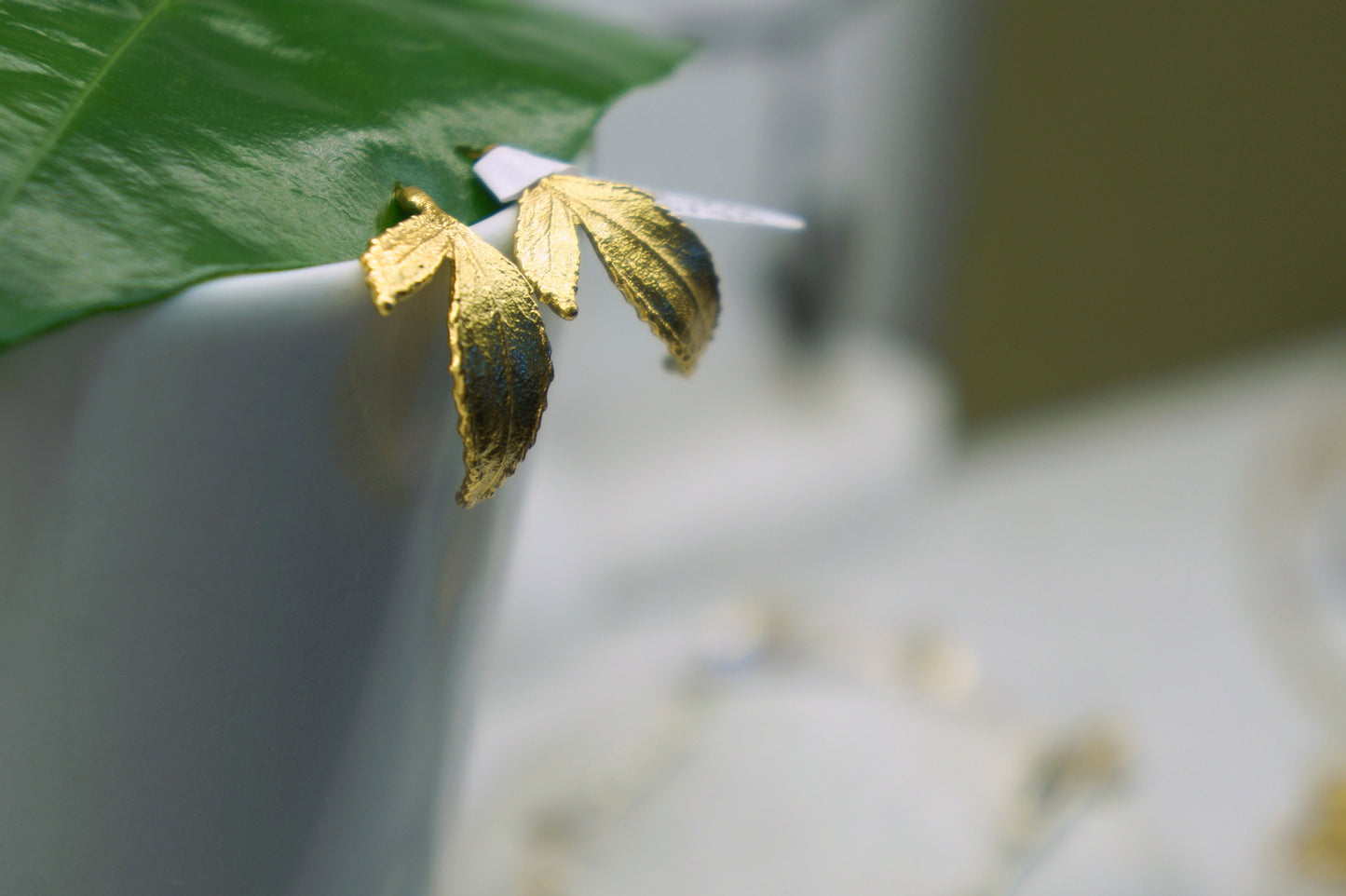 Small Stud hoops Rose leaf Earrings,Gold plated on sterling silver Hoop Earrings for Women. Real Rose leaf by Mother Nature Jewelry