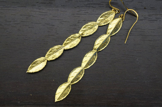 Long REAL Rose Leaf Earrings for women. 14k Gold on sterling silver.