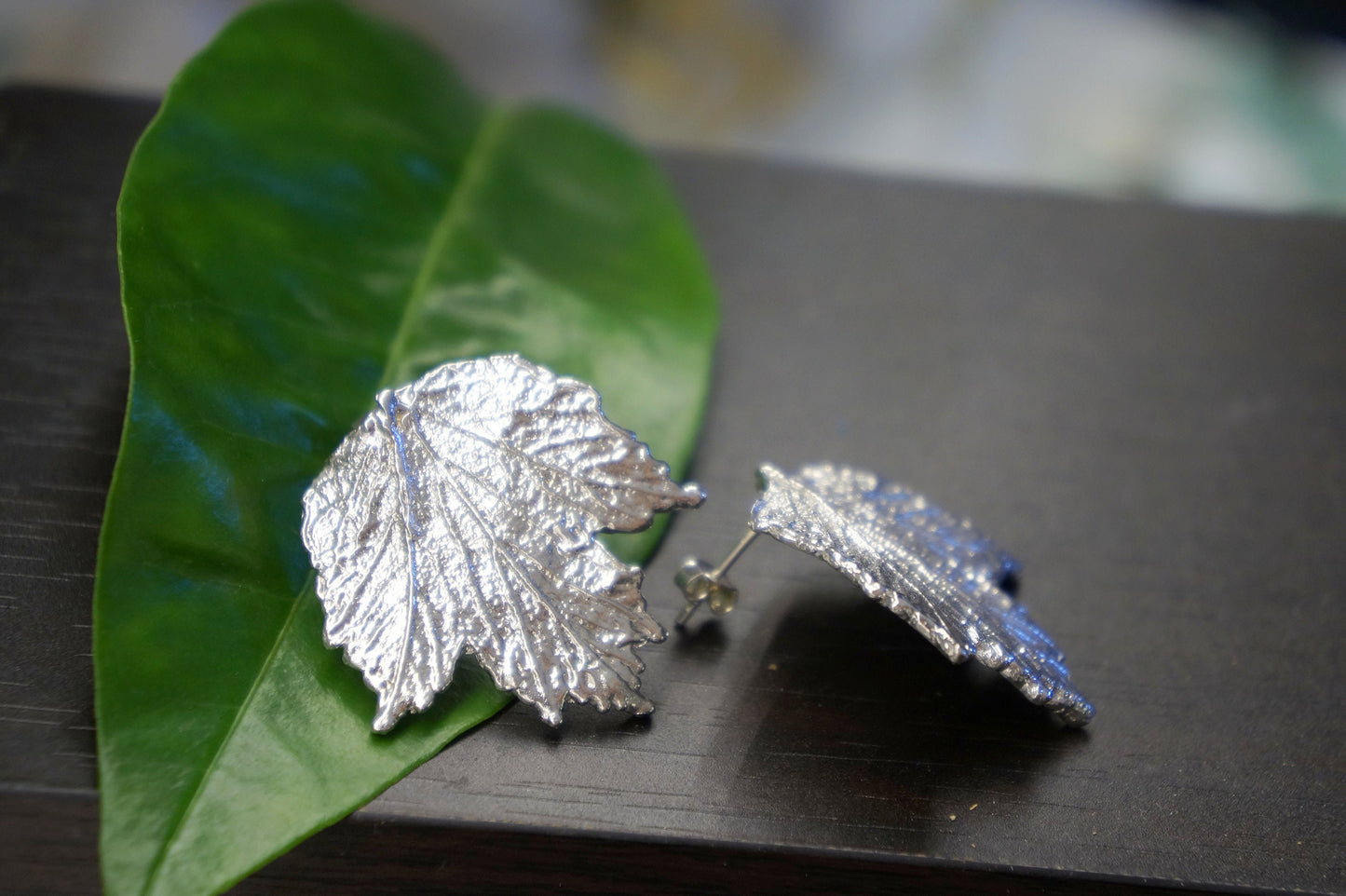 Real Bourbon Rose Plant Leaf Earrings on Sterling Silver 925.