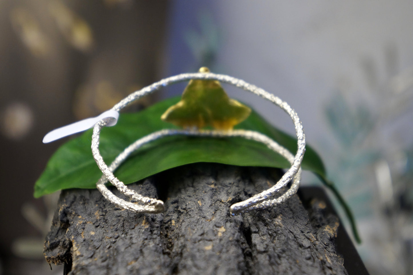 Real Ivy Leaf cuff Bracelet. Sterling recycled silver Pine tree branch and Gold Ivy Leaf symbol of life, strength, friendship and connection