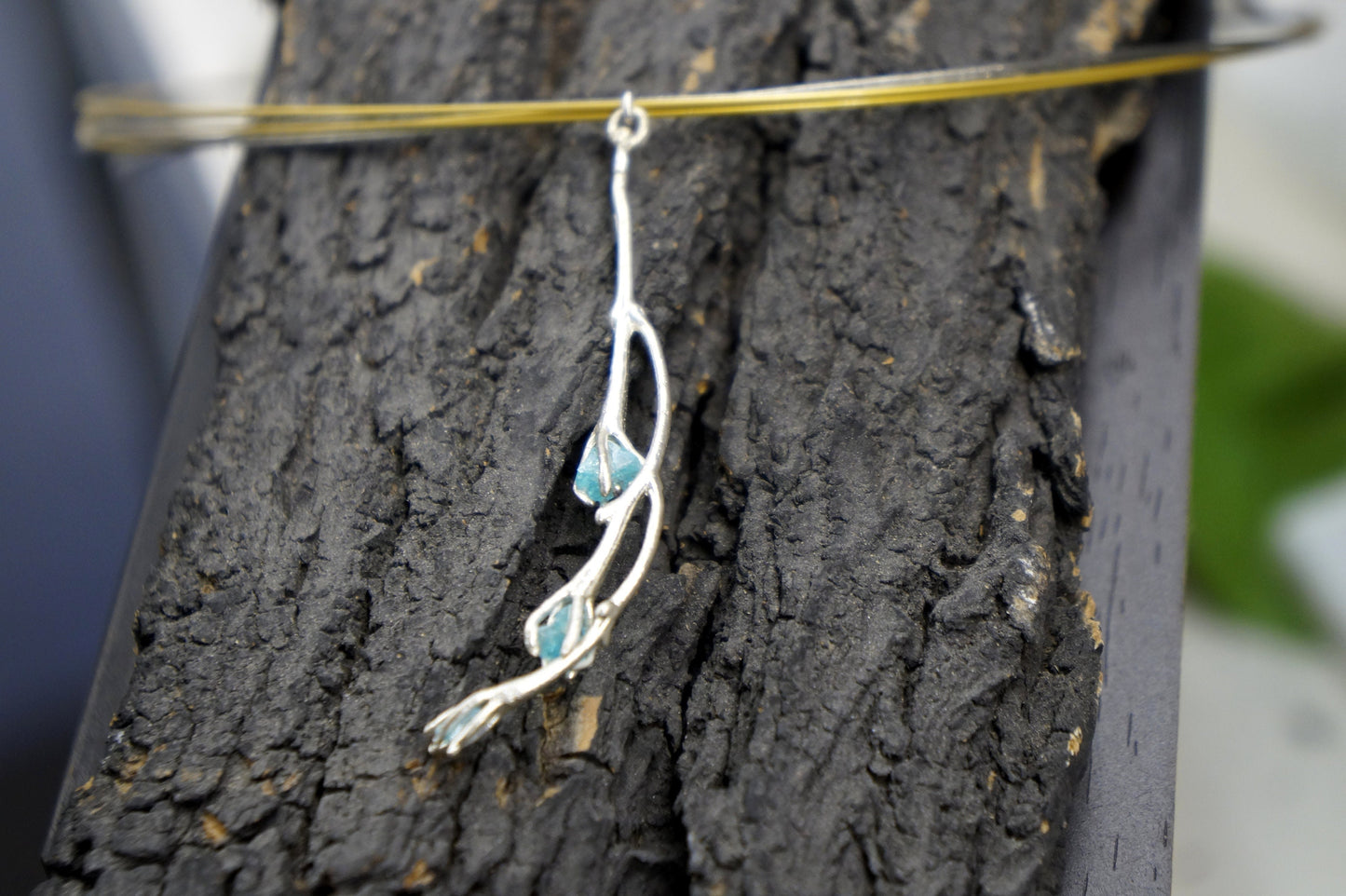 Jasmine Twig Necklace for women with sky blue Raw murano, Multi Strand Necklace plant by Mother Nature Jewelry