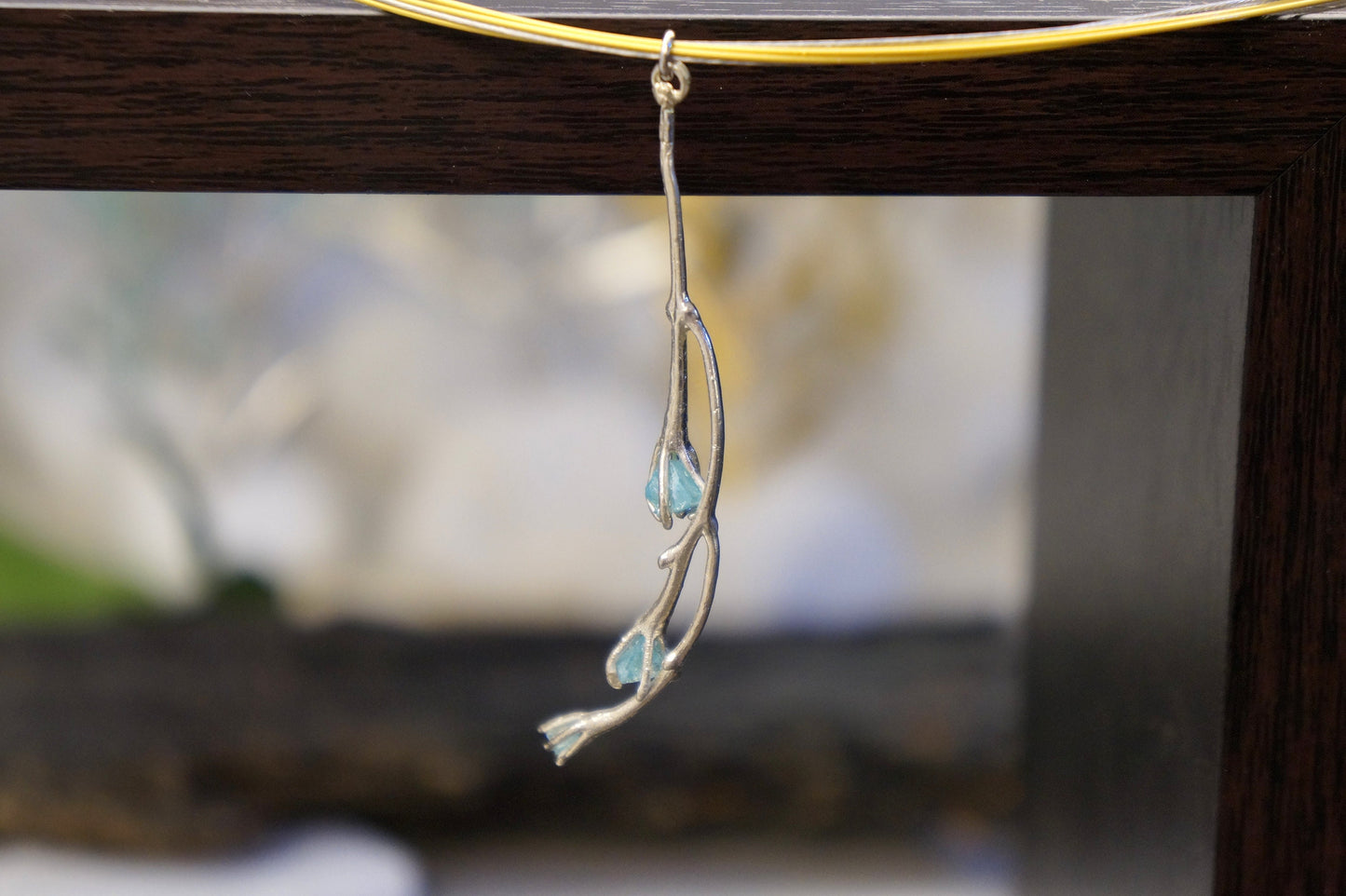 Jasmine Twig Necklace for women with sky blue Raw murano, Multi Strand Necklace plant by Mother Nature Jewelry