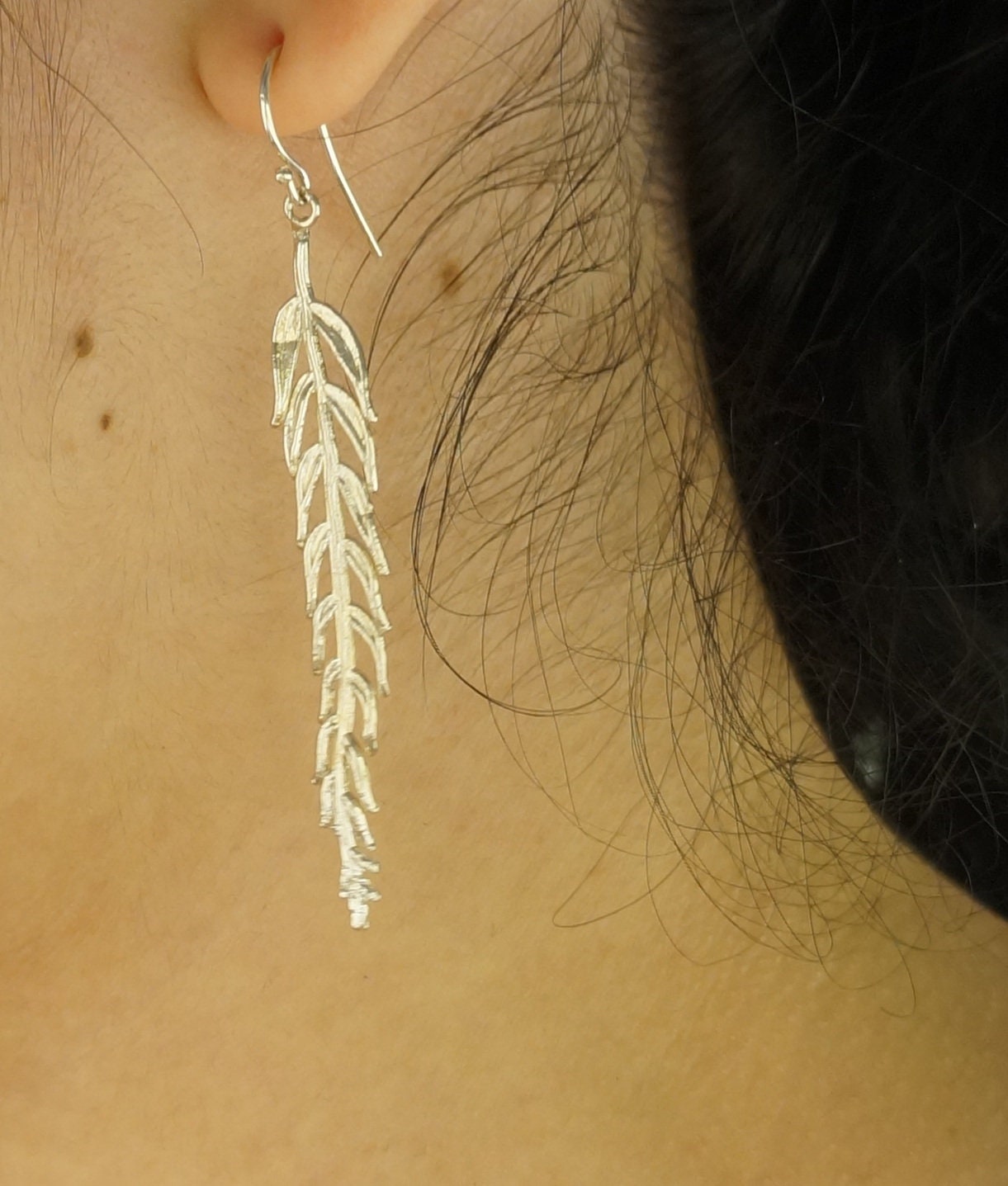 REAL Araucaria Leaf earrings in Sterling Silver, Unusual Long earrings from Mother Nature jewelry.