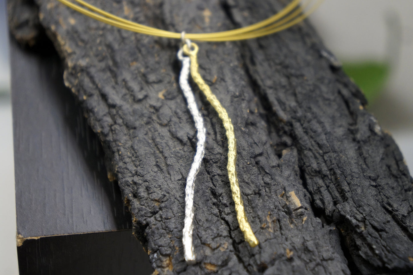 Sterling silver boho Necklace. Real Pine tree branch, Two tone Botanical necklace. Gold Multi strand on detailed twigs pendant.