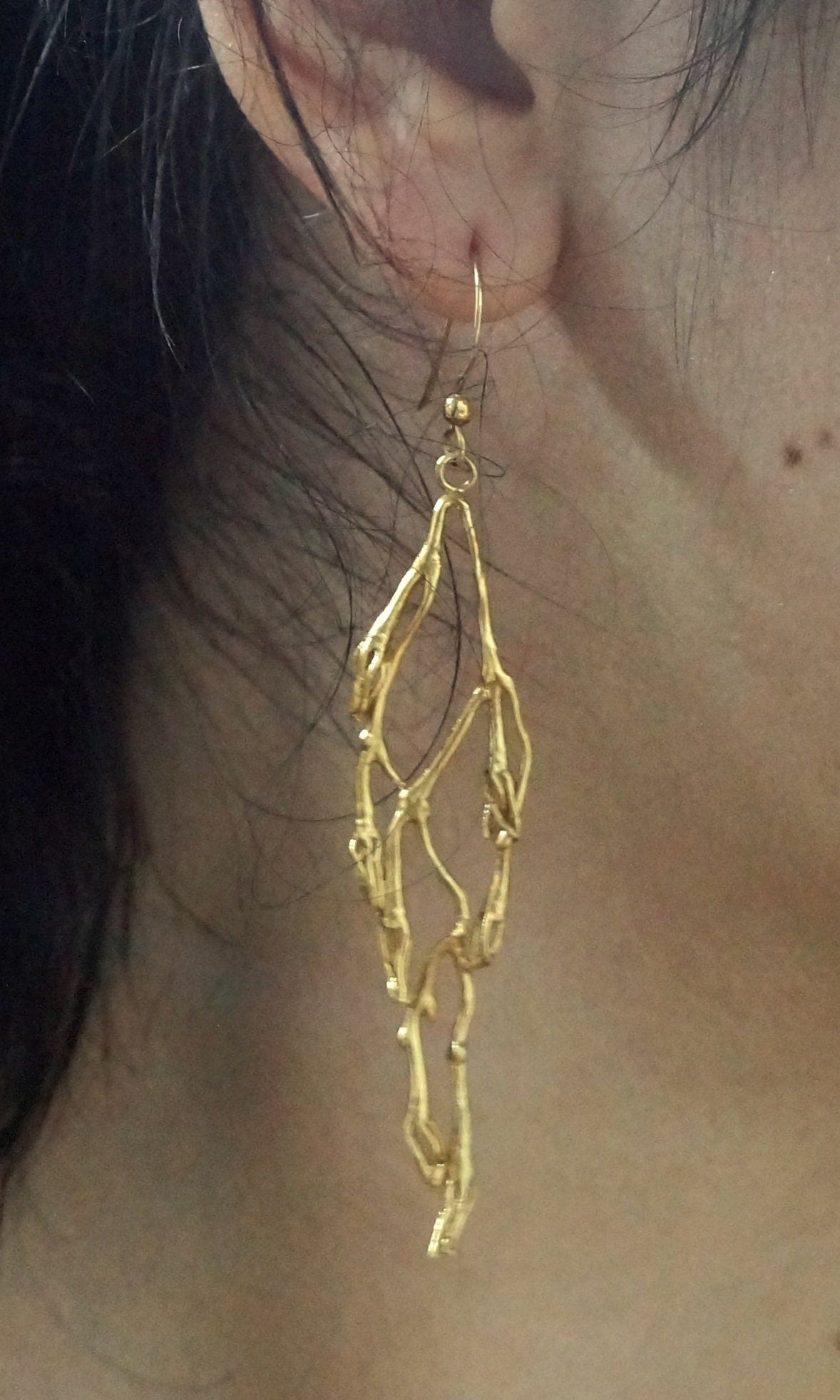 Natural Silver Jasmine Twig Earrings, Gold plated .