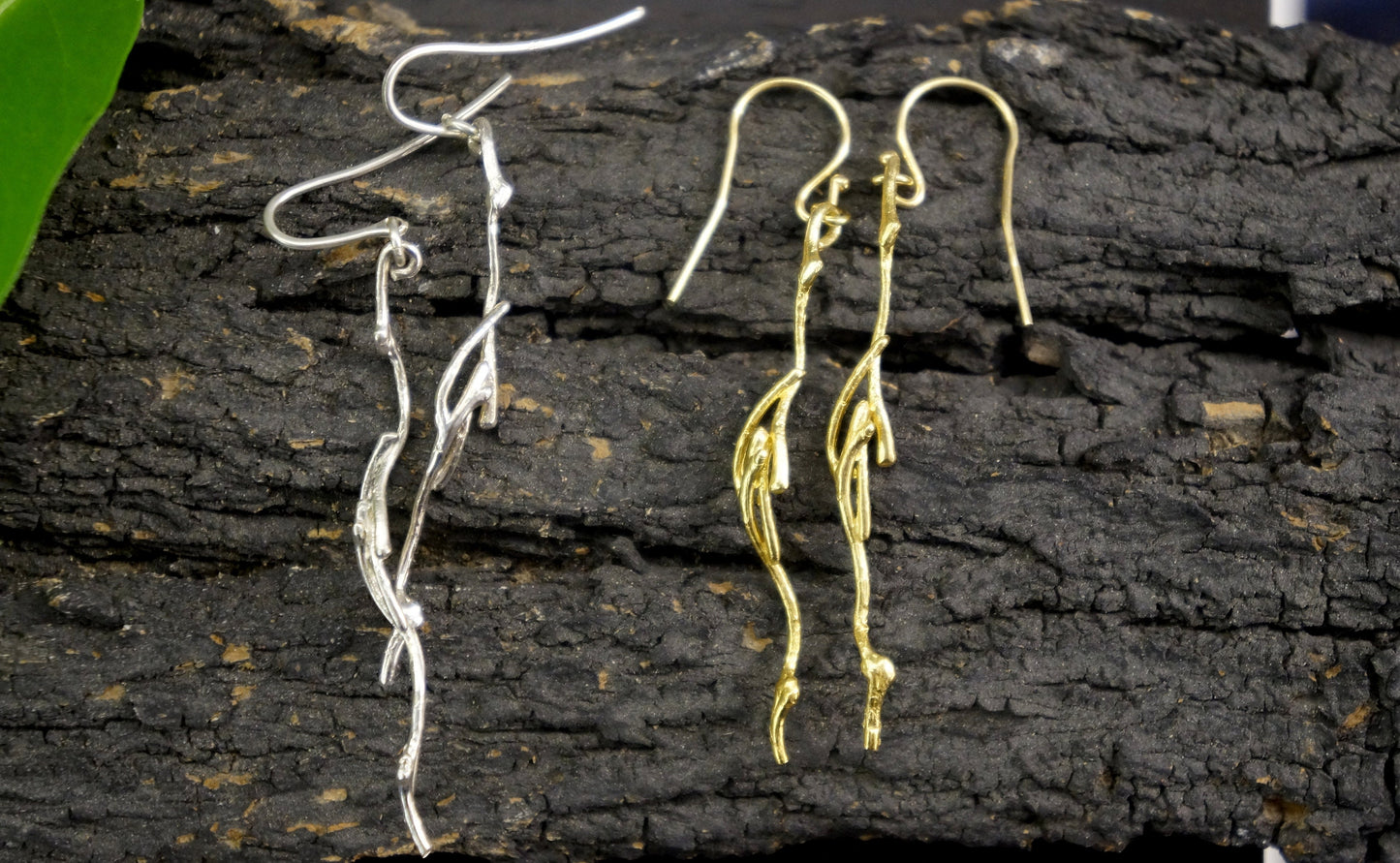 Real Jasmine Twig Earrings in sterling silver, Gold plated .