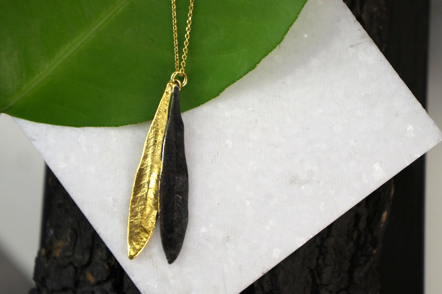 Jewelry Necklace pendant Plant, Olive Leaves Gold & Black Rhodium on Sterling silver 925.Handmade pendant with chain for nature lovers.