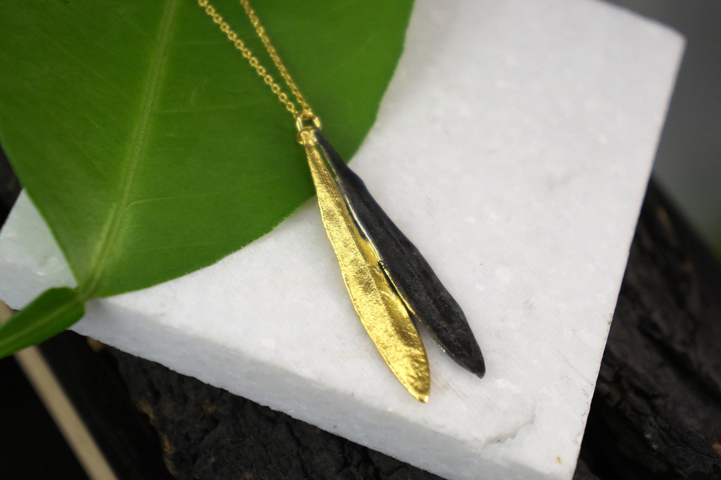 Jewelry Necklace pendant Plant, Olive Leaves Gold & Black Rhodium on Sterling silver 925.Handmade pendant with chain for nature lovers.