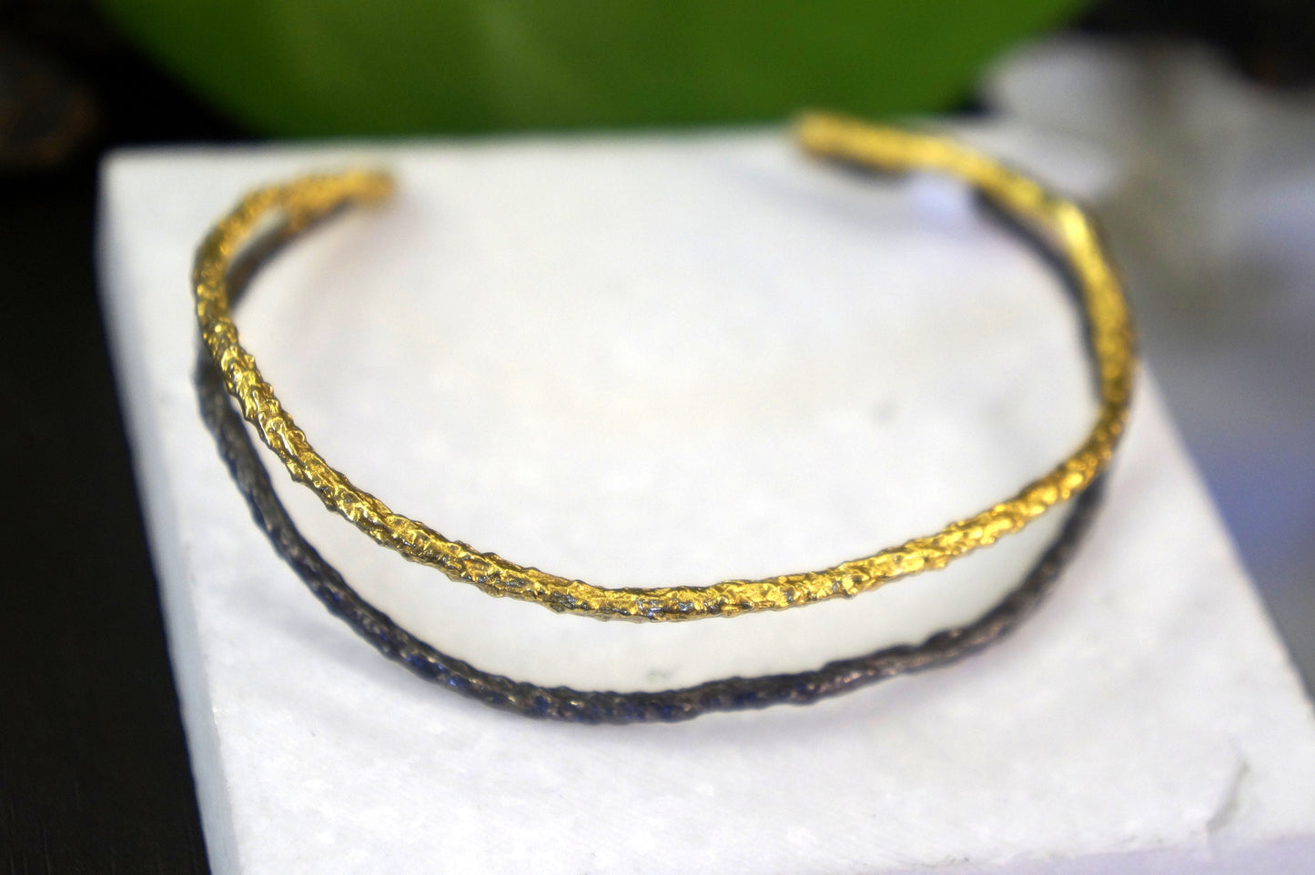 Two tone branch Cuff Bracelet for Women. 14K Gold plated and Black Rhodium on sterling Silver. Pine twig represent wisdom and longevity