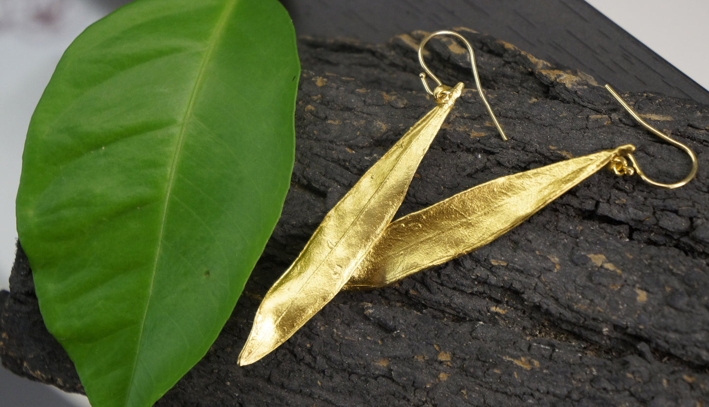 Eco friendly - handmade jewelry. Real Olive leaf dangle earrings,14k gold on sterling recycled silver 925.Olive is a symbol of protection...