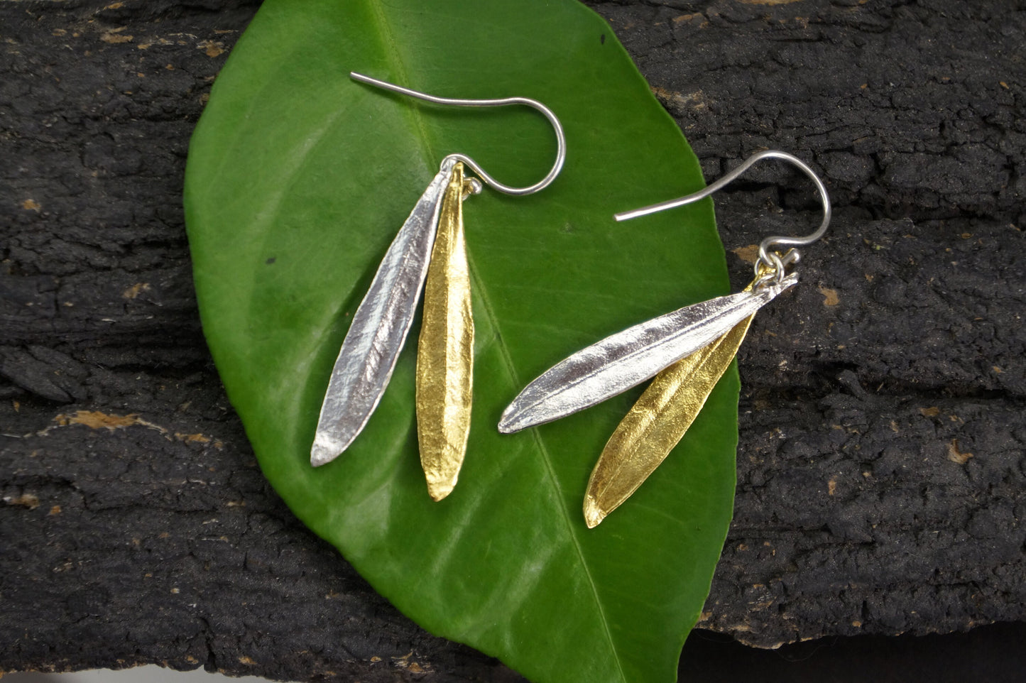 Dangle Earrings for women, Silver and Gold Earrings with 2 Olive Leaves. Sterling silver and 14k Gold on it nature earrings.Goddes jewelry