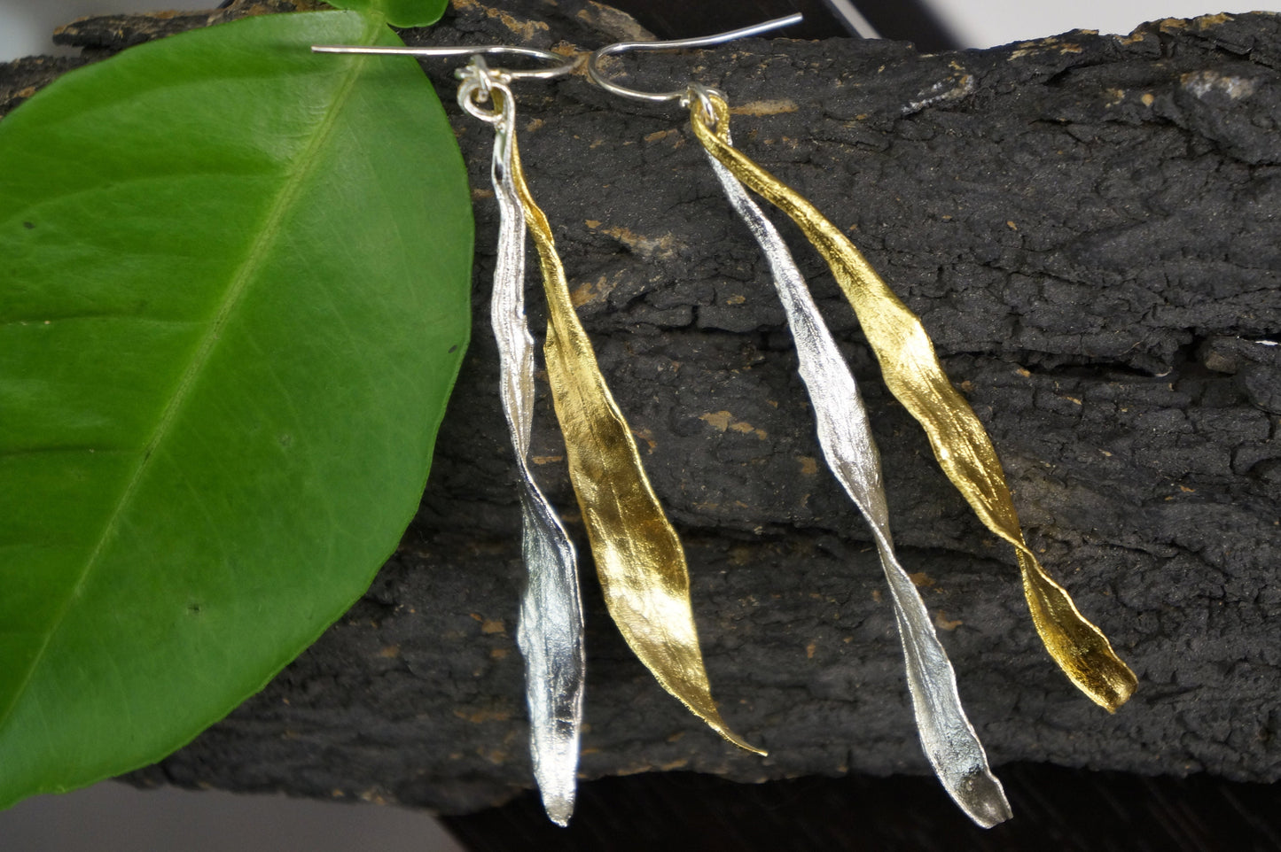 Statement Earrings, Large Real Olive Leaves 14k Gold plated on sterling silver 925, Long two tone Plant Earrings for nature lovers.