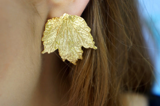 Real Bourbon Rose plant Leaf Earrings in Sterling Silver 925, Goldplated.