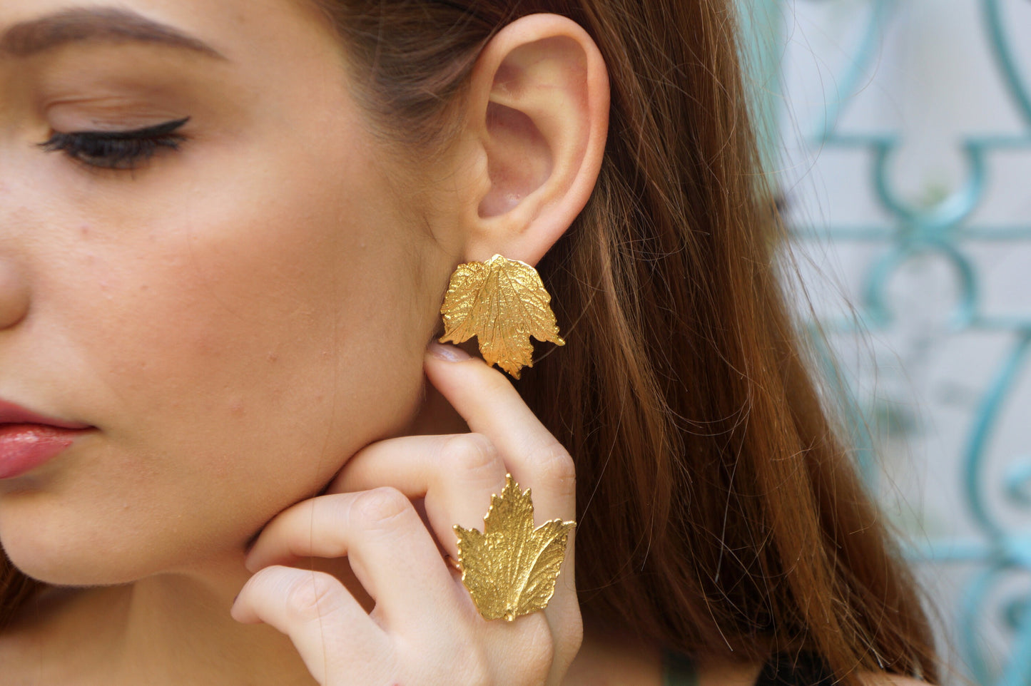 Real Bourbon Rose plant Leaf Earrings in Sterling Silver 925, Goldplated.