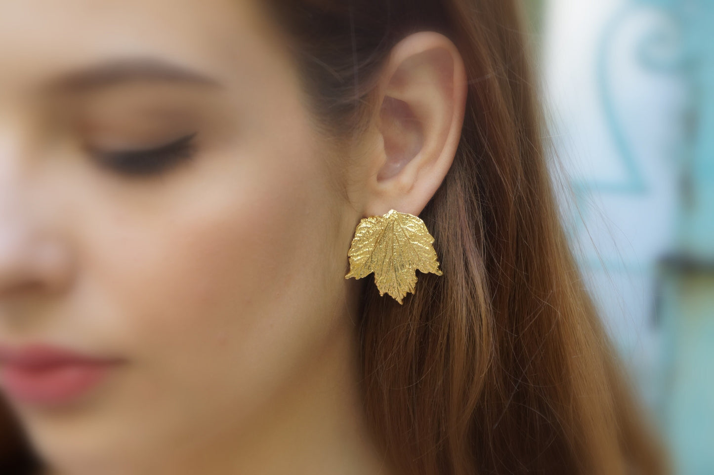 Real Bourbon Rose plant Leaf Earrings in Sterling Silver 925, Goldplated.