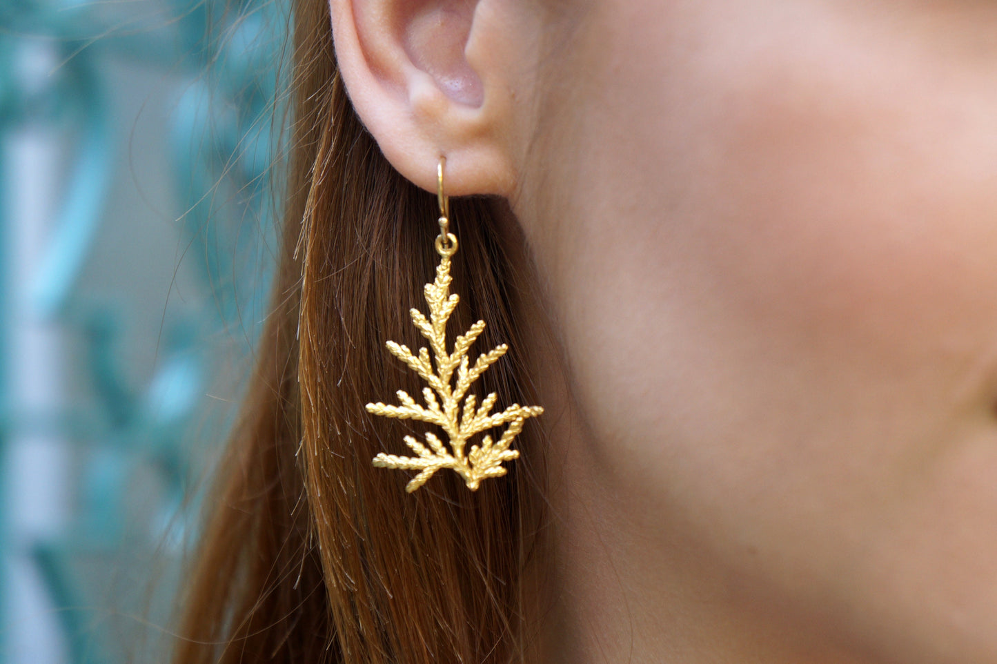 Juniper Mountain Dangle and drop Earrings for women 14k Gold plated on/or Sterling silver from Cypress tree leaf