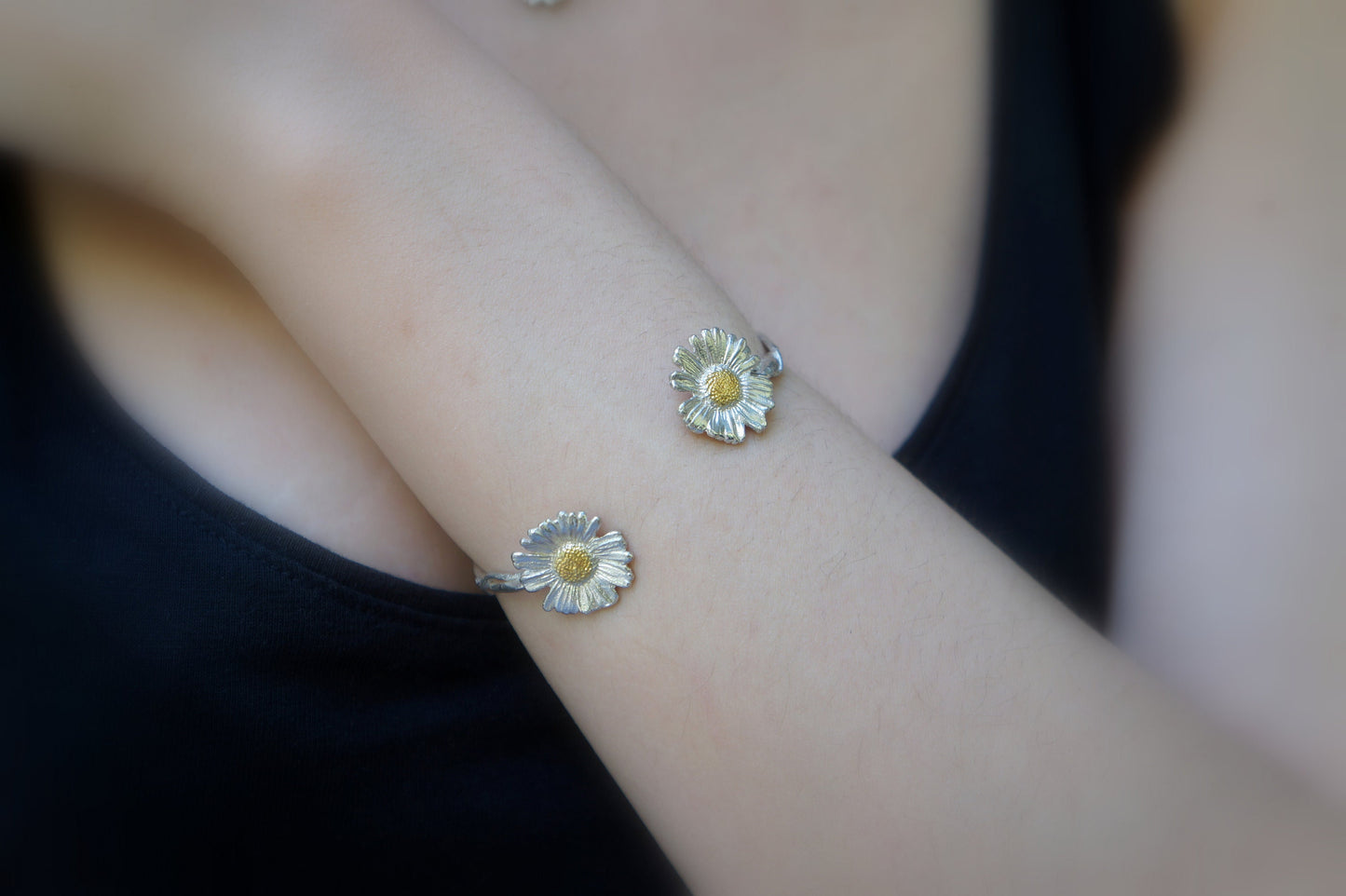 Arm cuff Sterling silver bracelet,Leaf bracelet REAL Chamomile flower bracelet.