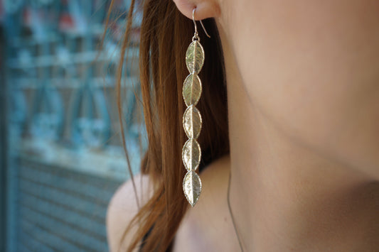 Long REAL Rose Leaf Earrings on sterling silver.