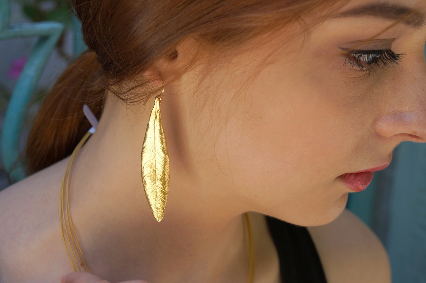 Statement Solid Gold, Real leaf earrings for women. Long Olive Leaf Earrings k18  k14 or k9 by Mother Nature Jewelry