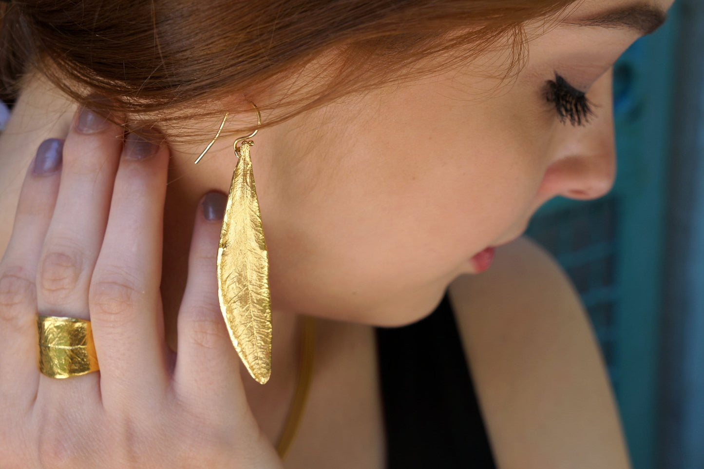 Statement Solid Gold, Real leaf earrings for women. Long Olive Leaf Earrings k18  k14 or k9 by Mother Nature Jewelry