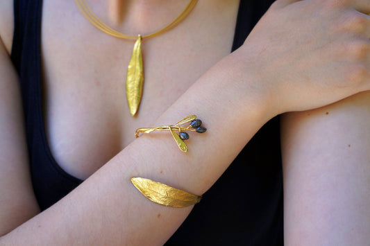 Statement Cuff Bracelet, 14K Gold and Black Rhodium or Sterling Silver 925 and gold. Olive Branch and leaves,Adjustable Bracelet for Women.