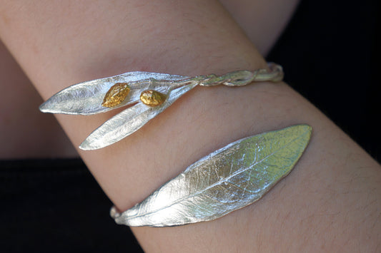 Real Olive Branch and leaves Bracelet casting in sterling recycled silver 925 The fruits are 14K Gold plated Plate.