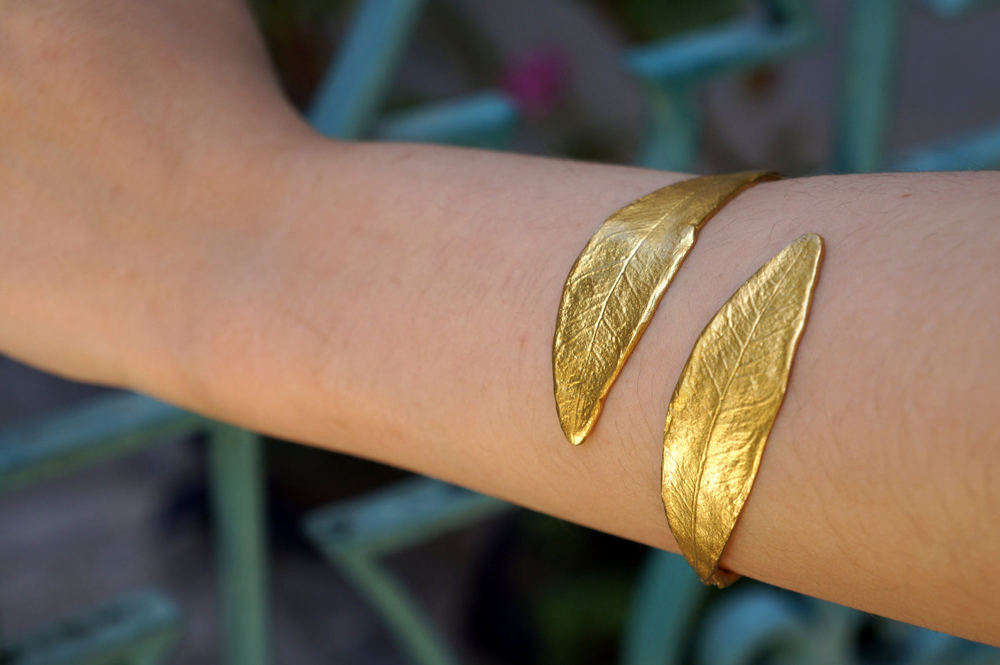 Olive Leaf cuff bracelet in sterling silver and 14K Gold plated . Olive is a symbol of peace and protection.