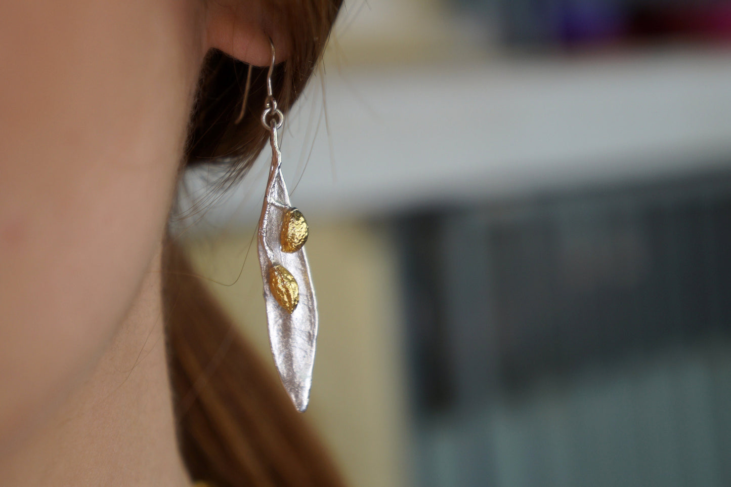 Sterling Silver Olive Leaf Earrings for Women with Gold OLive fruit, Statement Long Beautiful Dangle Earrings by Mother Nature