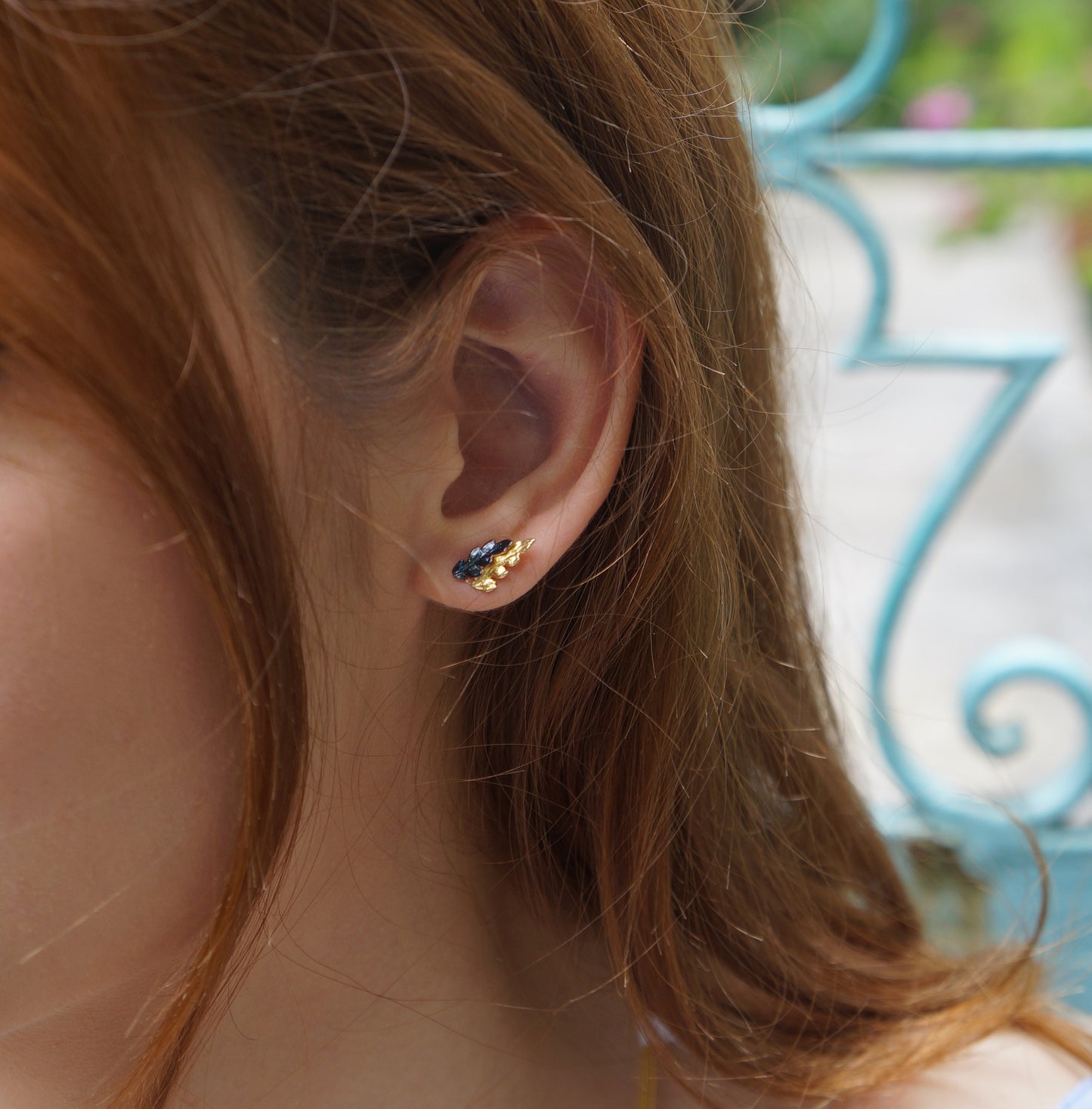 Tiny Small leaf stud earrings 2 tone sterling silver 925, Fern Leaves Black-Silver and Gold.Fern Symbolizes Confidence, reverie and wellness