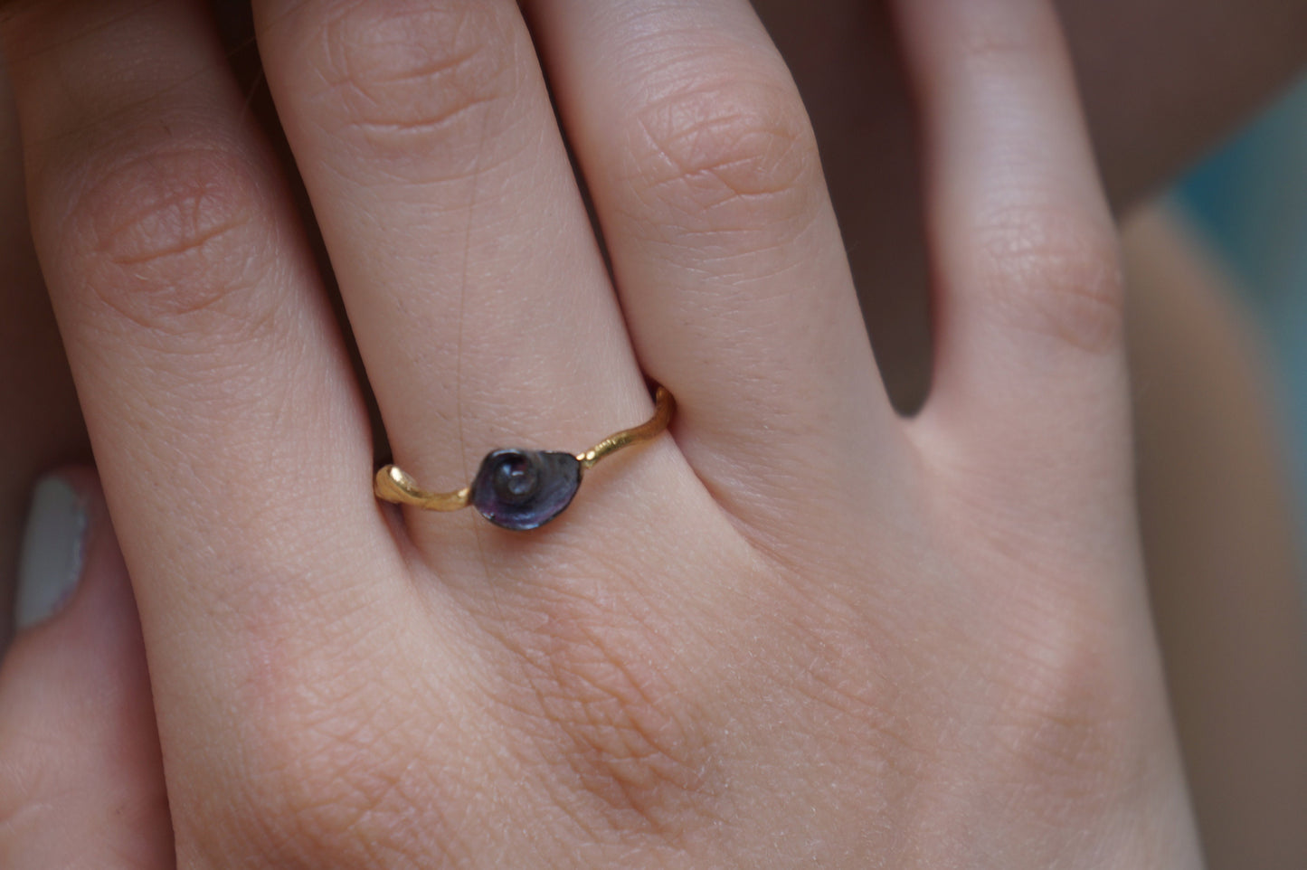 Gold and Black Dainty Sea Shell on twig sterling silver Ring for women.Minimal style by Mother Nature Jewelry Symbolize evolution,longevity