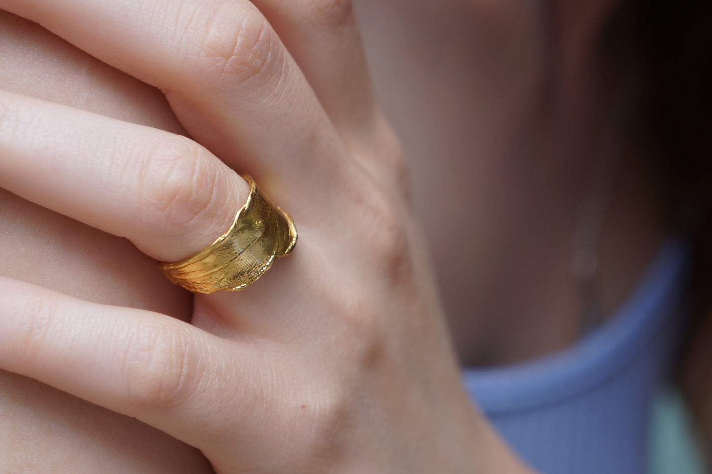 Minimalist Handmade Nature Jewelry. ring Real Dove Golden Feather Ring, Bohemian Rustic Jewelry for Women.