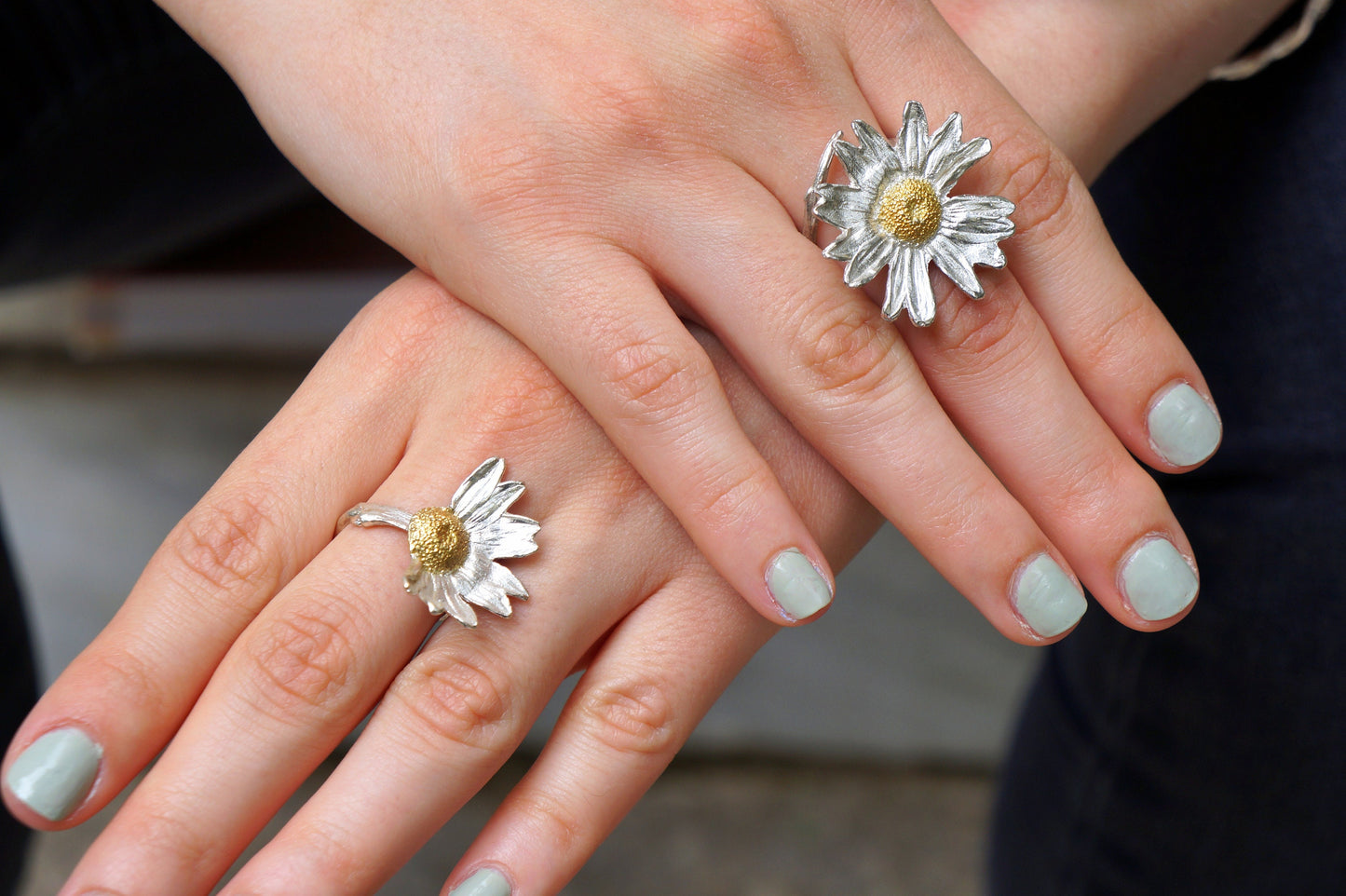 Statement Daisy Flower Rings with twig from Recycled Silver 925. Eco sustainable ring.Daisy brings message of innocence and purity