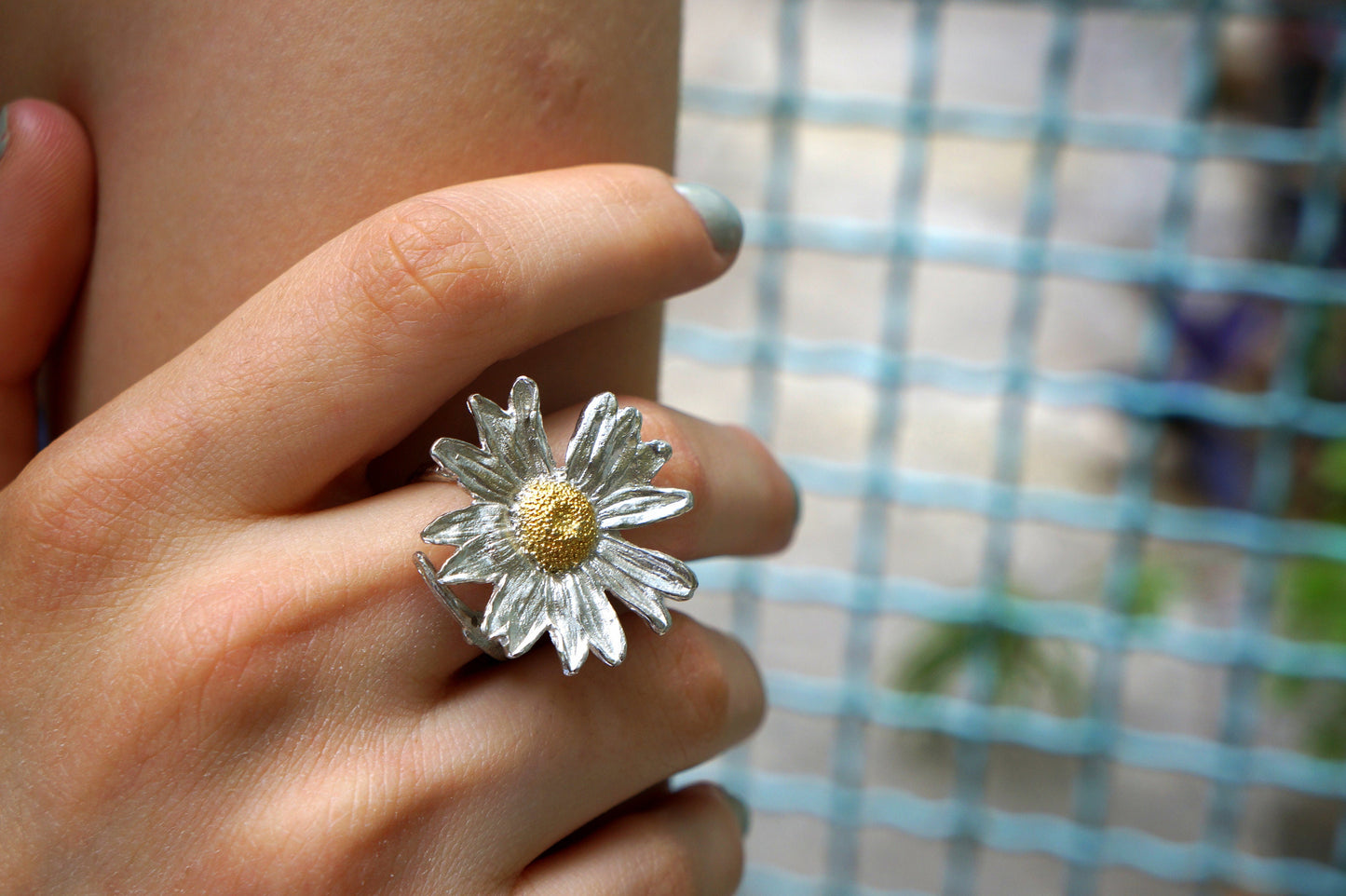 Statement Daisy Flower Rings with twig from Recycled Silver 925. Eco sustainable ring.Daisy brings message of innocence and purity