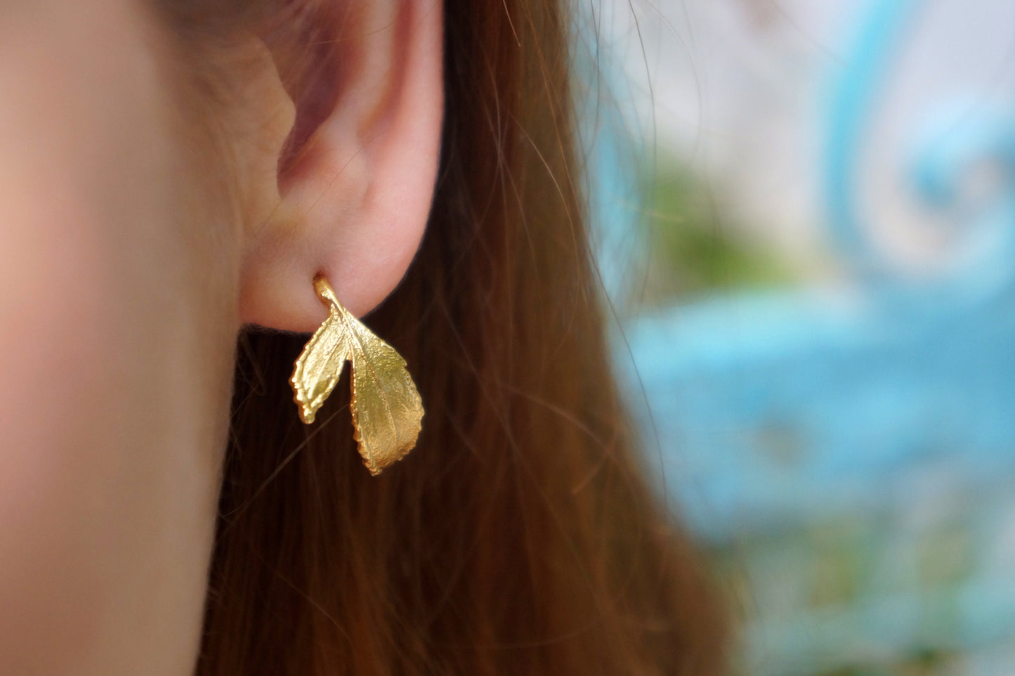 Small Stud hoops Rose leaf Earrings,Gold plated on sterling silver Hoop Earrings for Women. Real Rose leaf by Mother Nature Jewelry