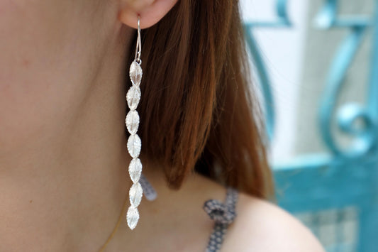 Long Dangle bridesmaid Statement Earrings Rose plant Leaves in Sterling Silver.