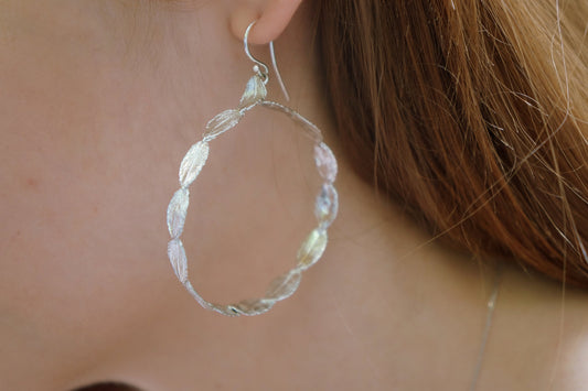 Large hoop earrings for women from tiny Rose Leaves in sterling Silver. Dangle Earrings By Mother Nature Jewelry.