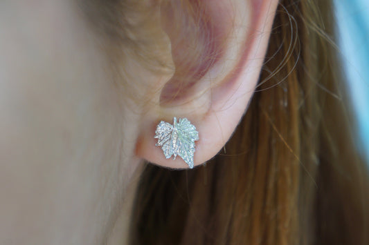 Tiny Stud Vine Leaf Earrings in sterling silver 925. Vine is the symbol of life, strength, survival, progress, promise, friendship