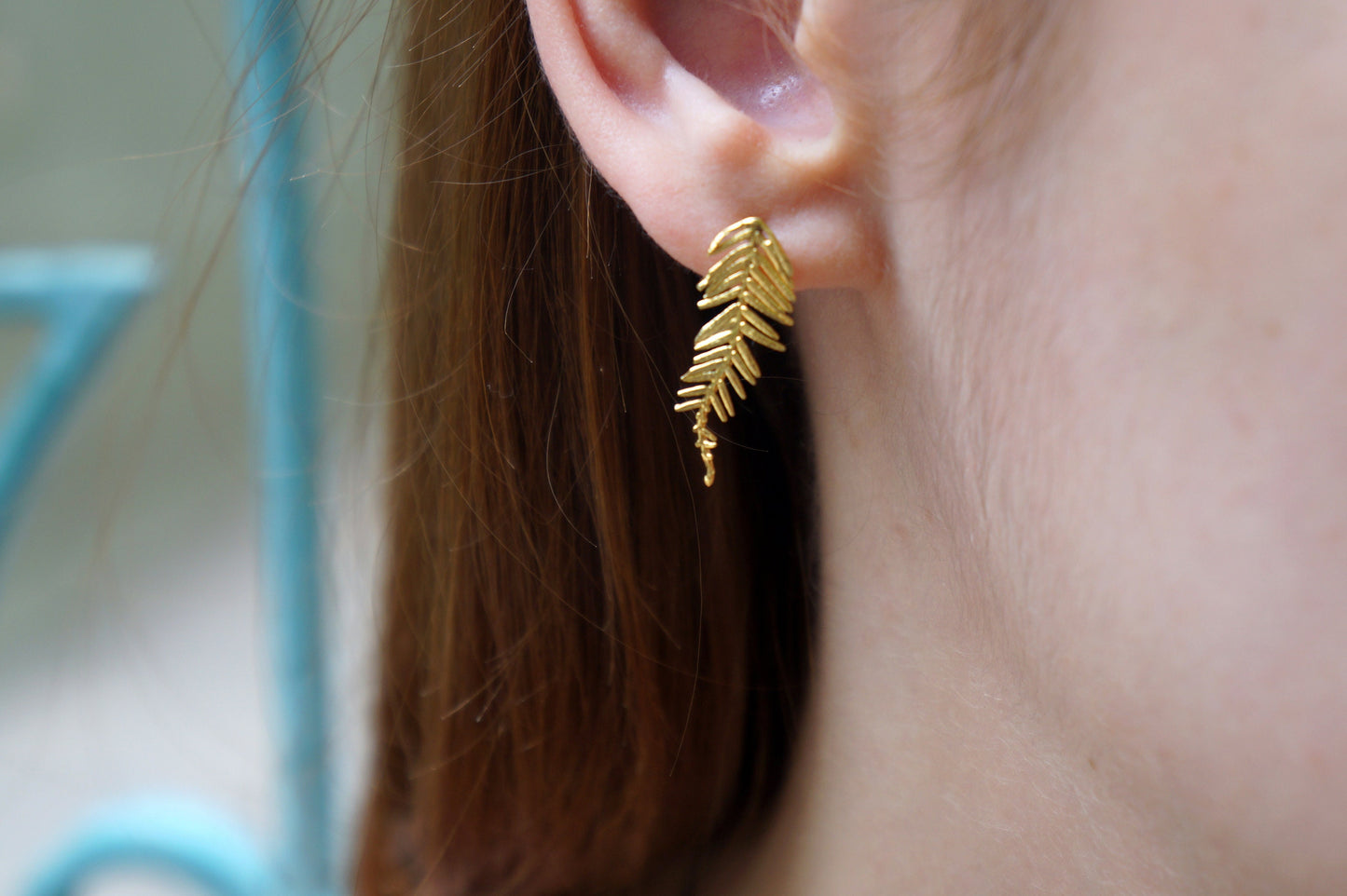 Real Gold Earrings for Women, mimosa pudica Leaf Earrings jewelry in 9K-14K-18K Gold. Mother Minimalist Handmade Nature Jewelry. Earrings