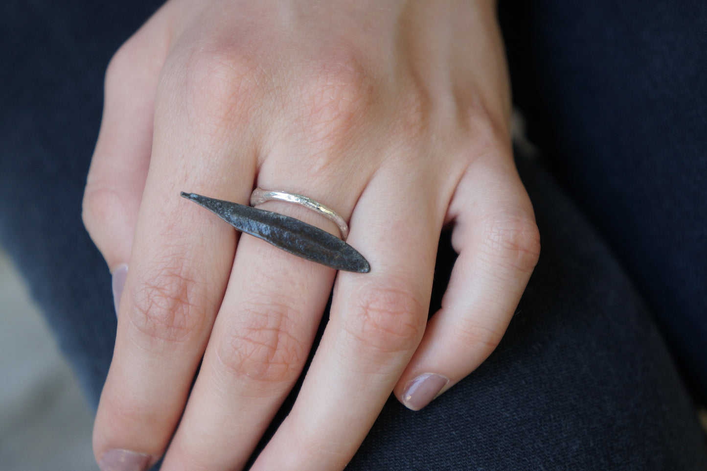 Minimalist Handmade Nature Jewelry. ring Adjustable Olive Leaf Ring in Rhodium Black.