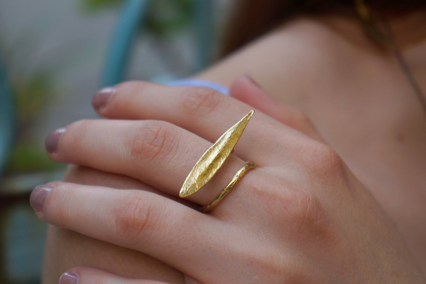 Minimalist Handmade Nature Jewelry. ring Adjustable Olive Leaf Ring in Rhodium Black.