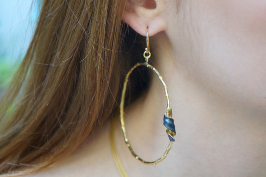 Large Hoop Olive Branch and Leaf Earrings. 14k Gold plated and Black Rhodium on Sterling Silver.