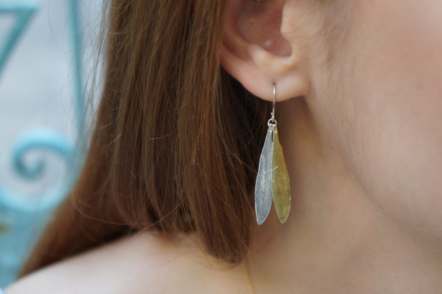 Olive Leaf Dangle earrings for women in Sterling silver 925. Mixed metal earrings.