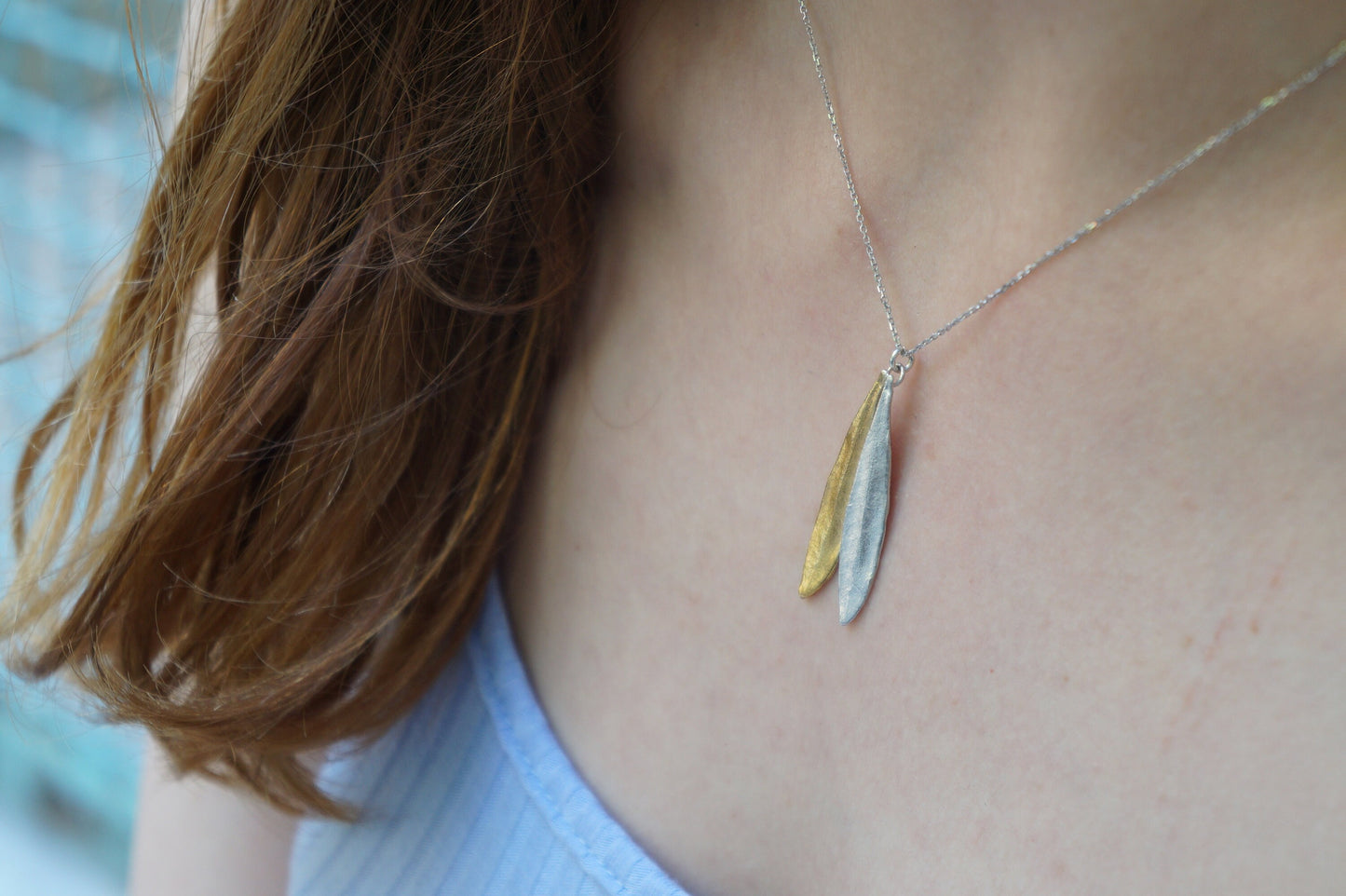 Chain Necklace Pressed flower Two tone Necklace with 2 Olive Leaves