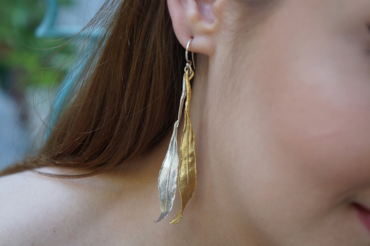 Statement Earrings, Large Real Olive Leaves 14k Gold plated on sterling silver 925, Long two tone Plant Earrings for nature lovers.