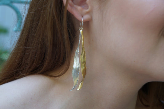 Statement Earrings, Large Real Olive Leaves 14k Gold plated on sterling silver 925, Long two tone Plant Earrings for nature lovers.