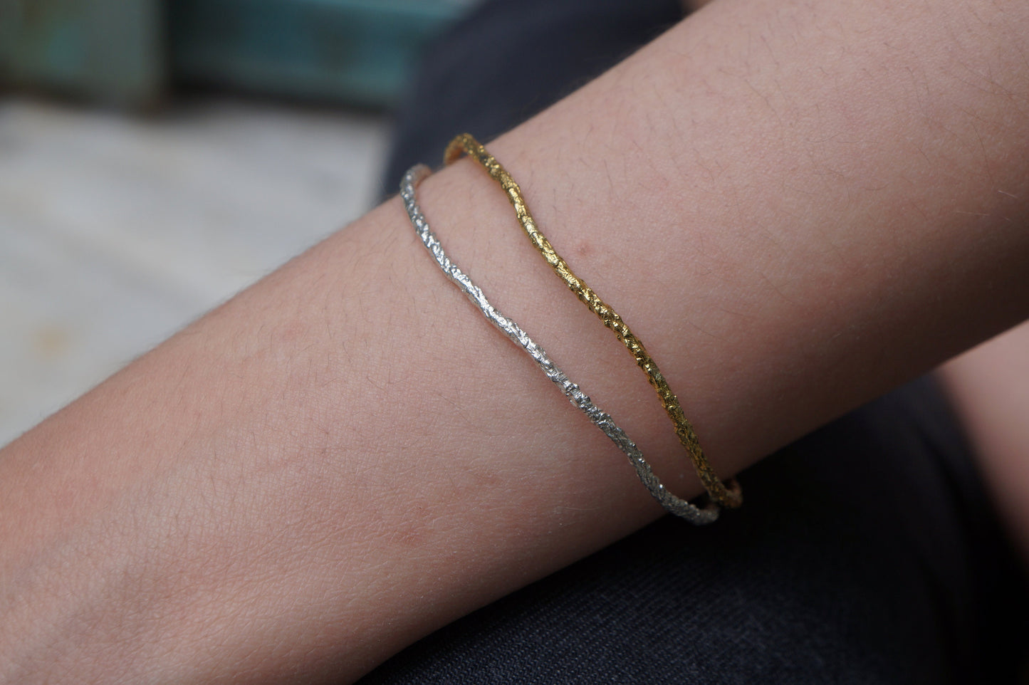 Two tone branch Cuff Bracelet for Women. 14K Gold plated and Black Rhodium on sterling Silver. Pine twig represent wisdom and longevity