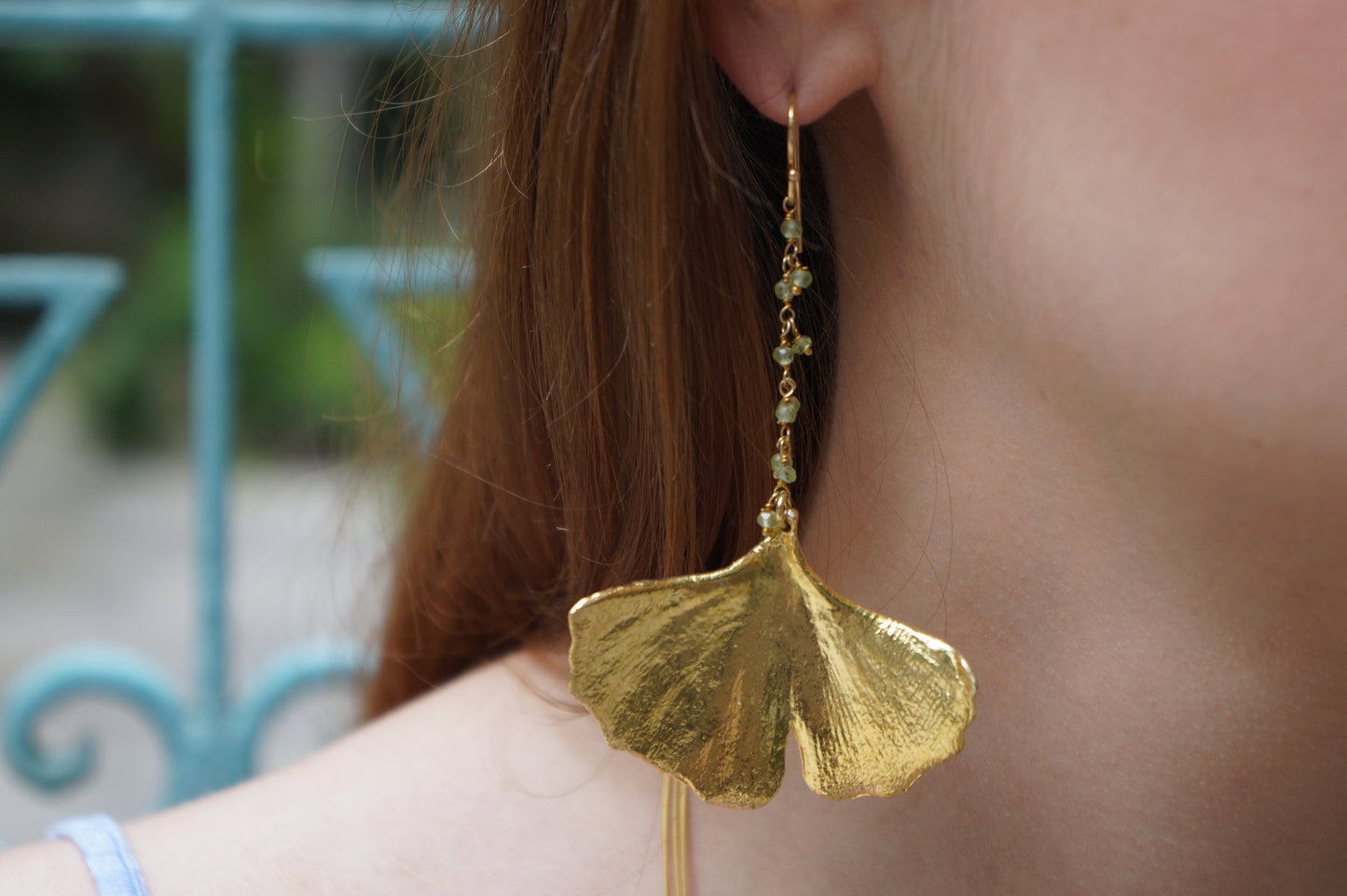 Long Ginko leaf earrings for Women Gold on sterling silver.