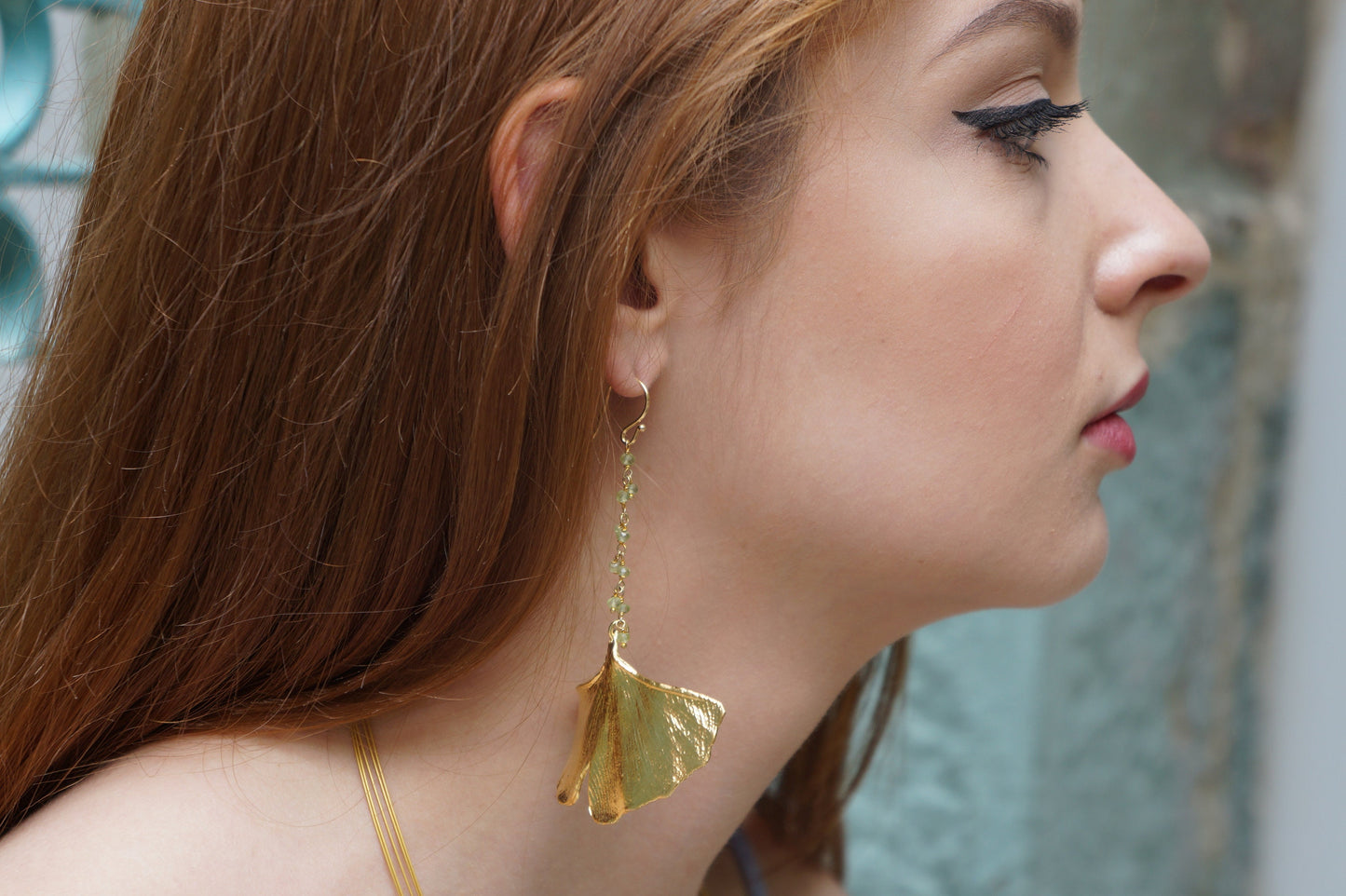 Long Ginko leaf earrings for Women Gold on sterling silver.